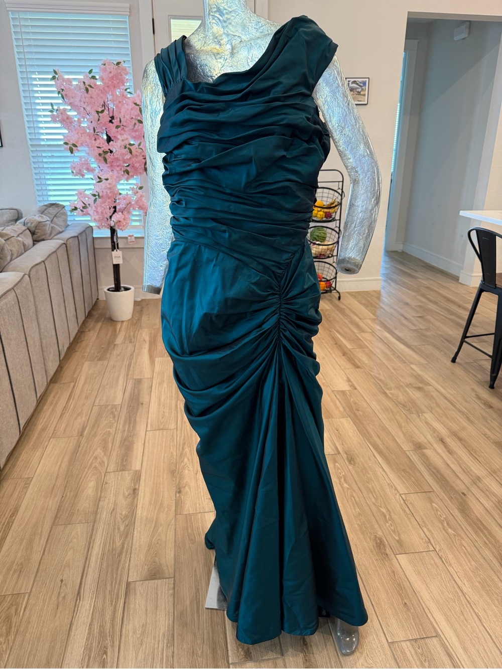 Tadashi Shoji Teal Ruched Draped Evening Gown
